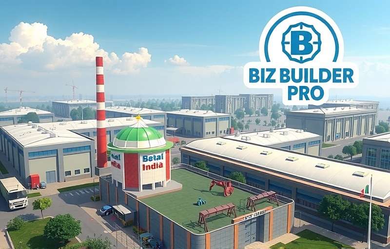 Concept art for Biz Builder Pro's upcoming Make in India expansion featuring manufacturing facilities