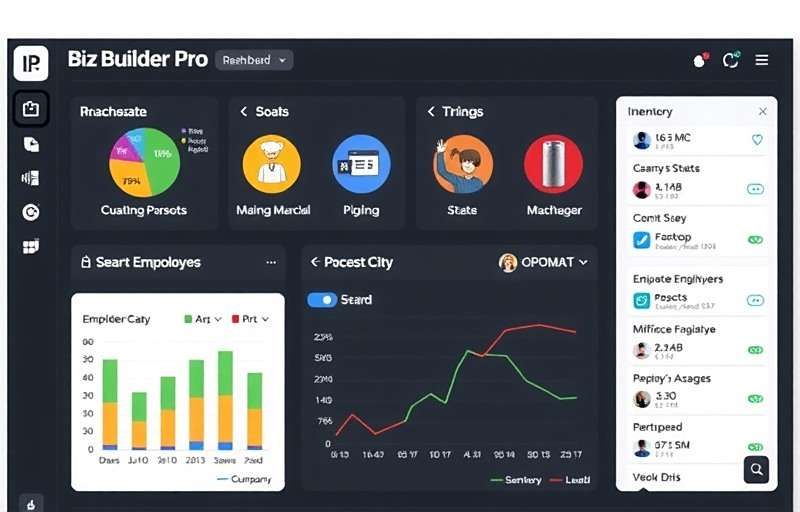 Biz Builder Pro dashboard showing financial reports, inventory status and employee management