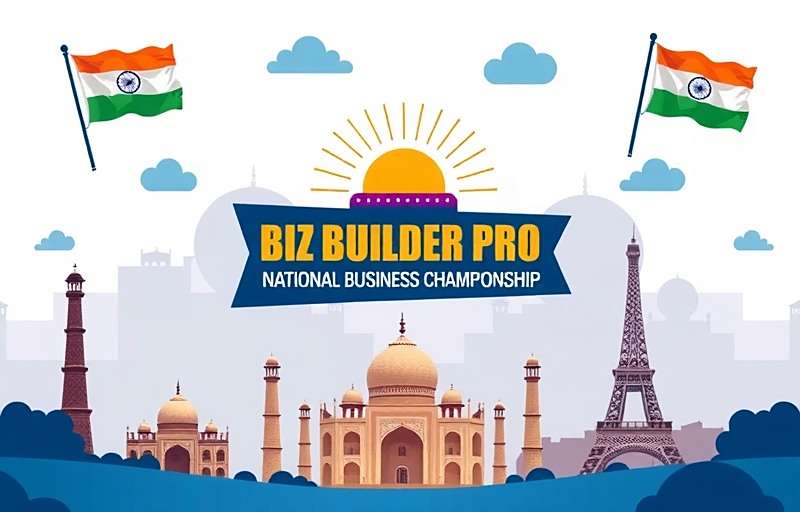 Biz Builder Pro national business championship poster featuring Indian business icons and landmarks