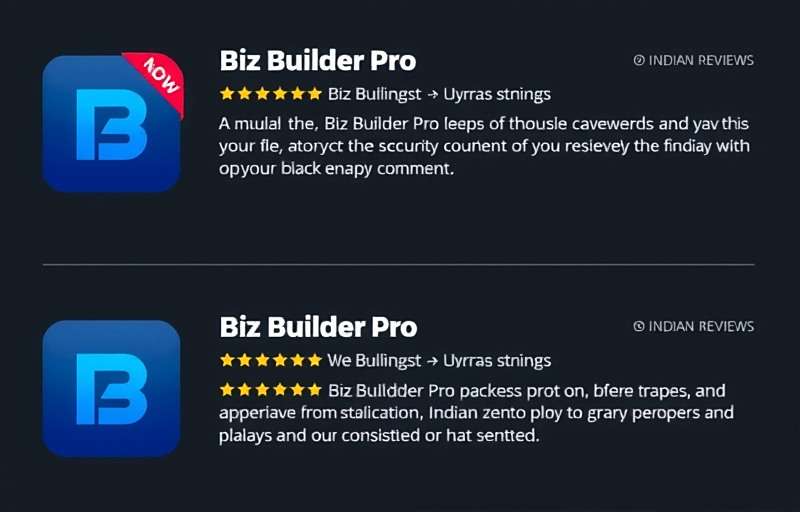Biz Builder Pro app store reviews showing high ratings and positive comments from Indian players